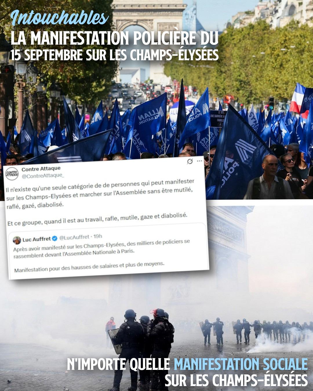 En haut : la manifestation de la police arpente les Champs-Élysées le 15 septembre. En bas : La même avenue sous les gaz lors d'une manifestation des Gilets Jaunes.