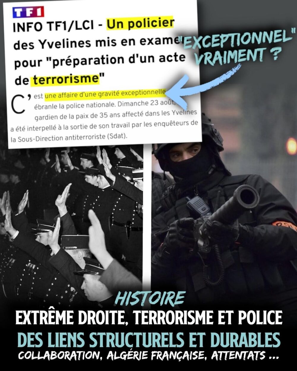 À gauche les commissaires de la police nationale prêtent serment au régime de Vichy, à droite un policier avec un lance-grenade en manifestation : le terrorisme d'extrême droite a de beaux jours devant lui, c'est l'État qui fournit les armes.