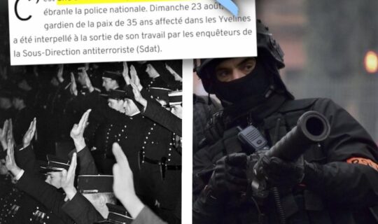 À gauche les commissaires de la police nationale prêtent serment au régime de Vichy, à droite un policier avec un lance-grenade en manifestation : le terrorisme d'extrême droite a de beaux jours devant lui, c'est l'État qui fournit les armes.