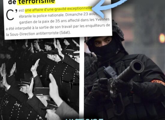 À gauche les commissaires de la police nationale prêtent serment au régime de Vichy, à droite un policier avec un lance-grenade en manifestation : le terrorisme d'extrême droite a de beaux jours devant lui, c'est l'État qui fournit les armes.
