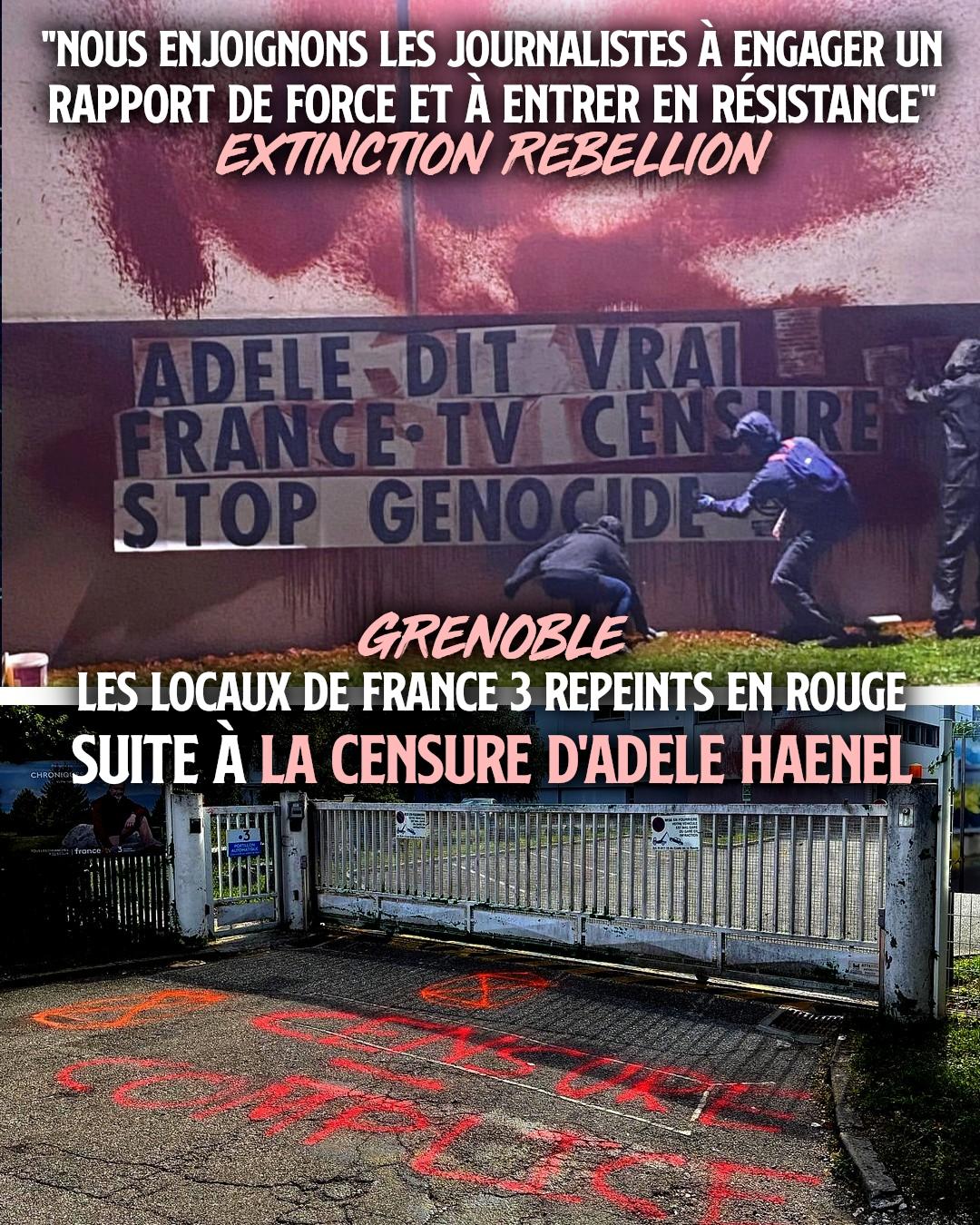 Les locaux de France 3 barbouillés par Extinction Rebellion en soutien à Adèle Haenel à Grenoble.