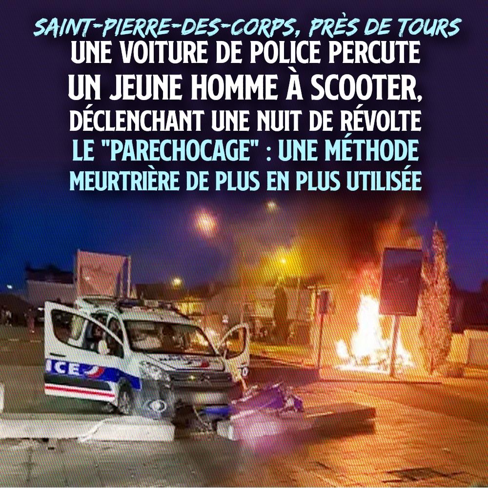 Une voiture de police encastrée avec un scooter après l'avoir parechoqué à Saint-Pierre-des-Corps.