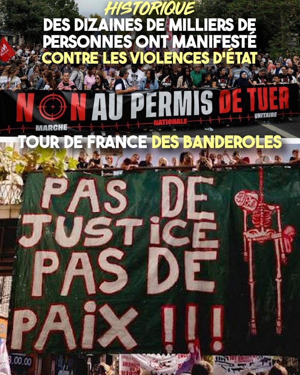 Partout en France, des banderoles, affiches, pancartes et slogans contre le permis de tuer policier.