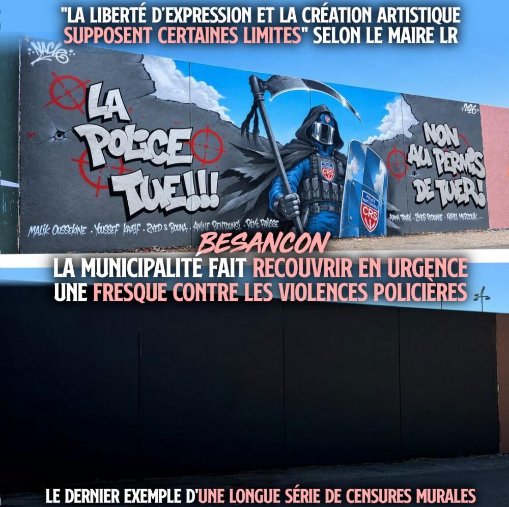 La fresque contre les violences policières de Besançon, avant et après son effacement par la mairie.