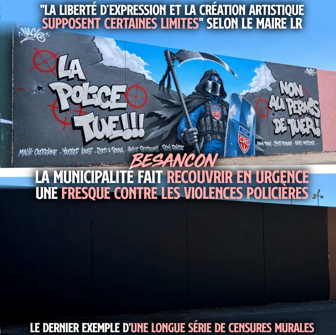 La fresque contre les violences policières de Besançon, avant et après son effacement par la mairie.