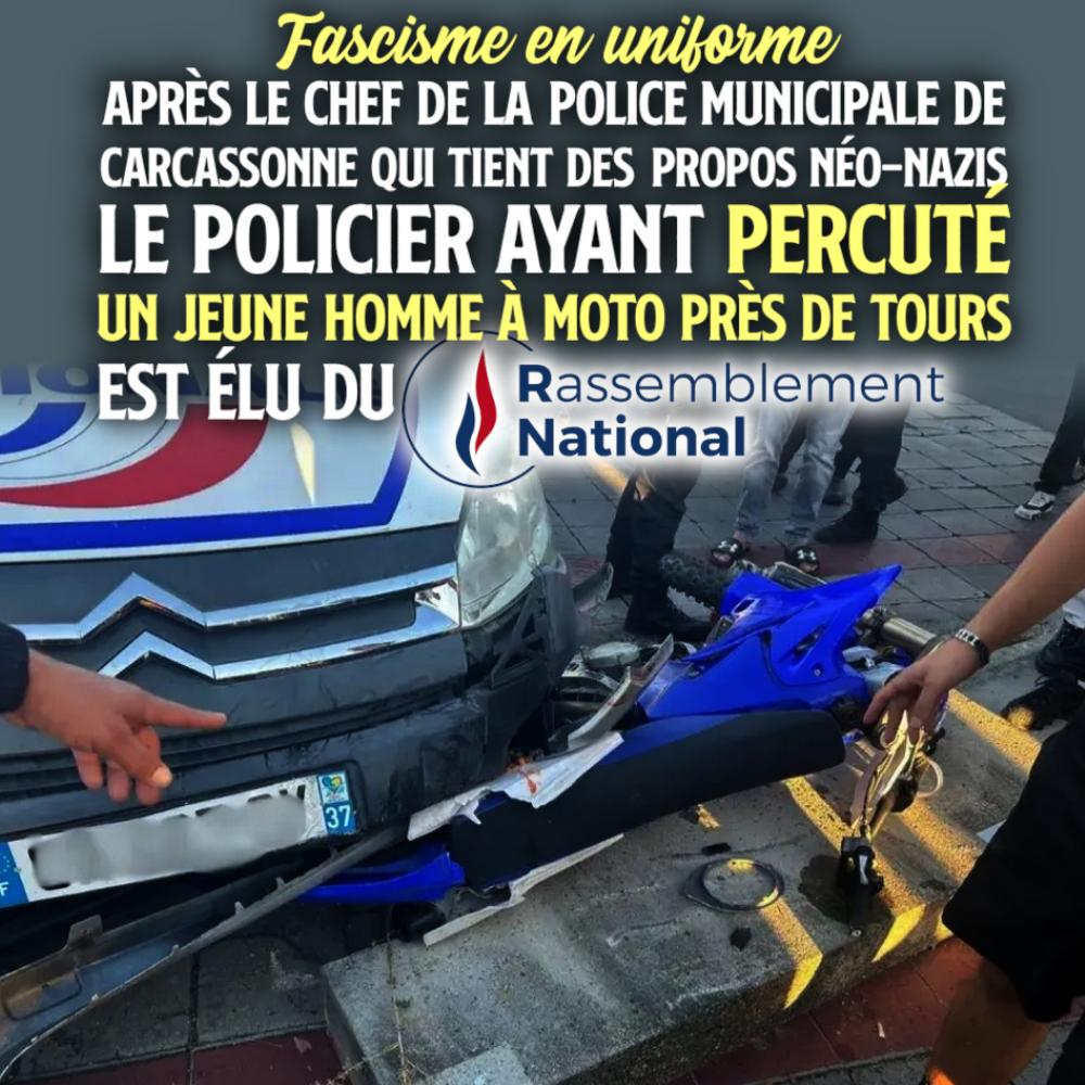 La moto encastrée entre un plot en béton et une voiture de police après avoir subi un parechocage par un élu RN à Saint-Pierre-des-Corps.