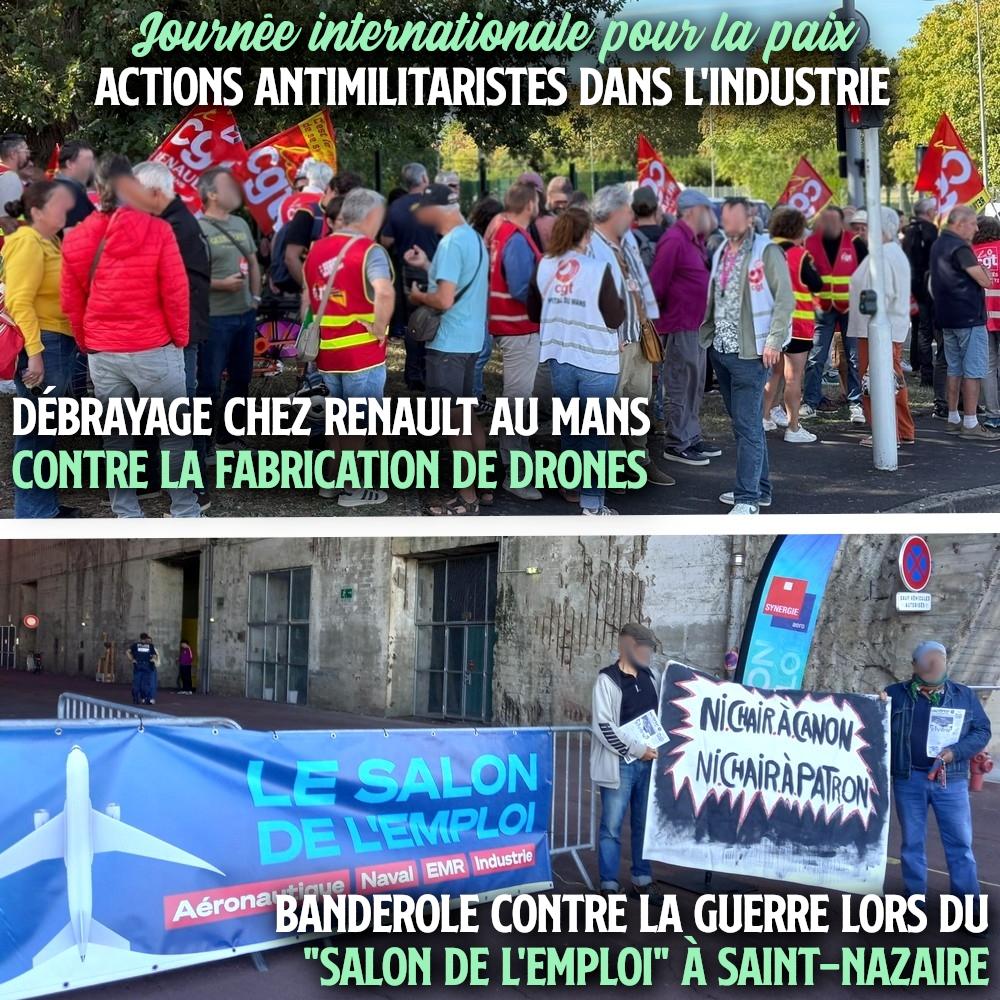 Contre la militarisation de Renault au Mans (en haut) et contre le recrutement de chair à canon à Saint-Nazaire (en bas), des actions antimilitaristes continuent d'avoir lieu malgré l'invisibilisation.