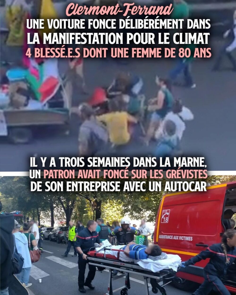 Une personne évacuée sur un brancard à Clermont-Ferrand, après qu'une voiture ait foncé dans une manifestation écologiste.