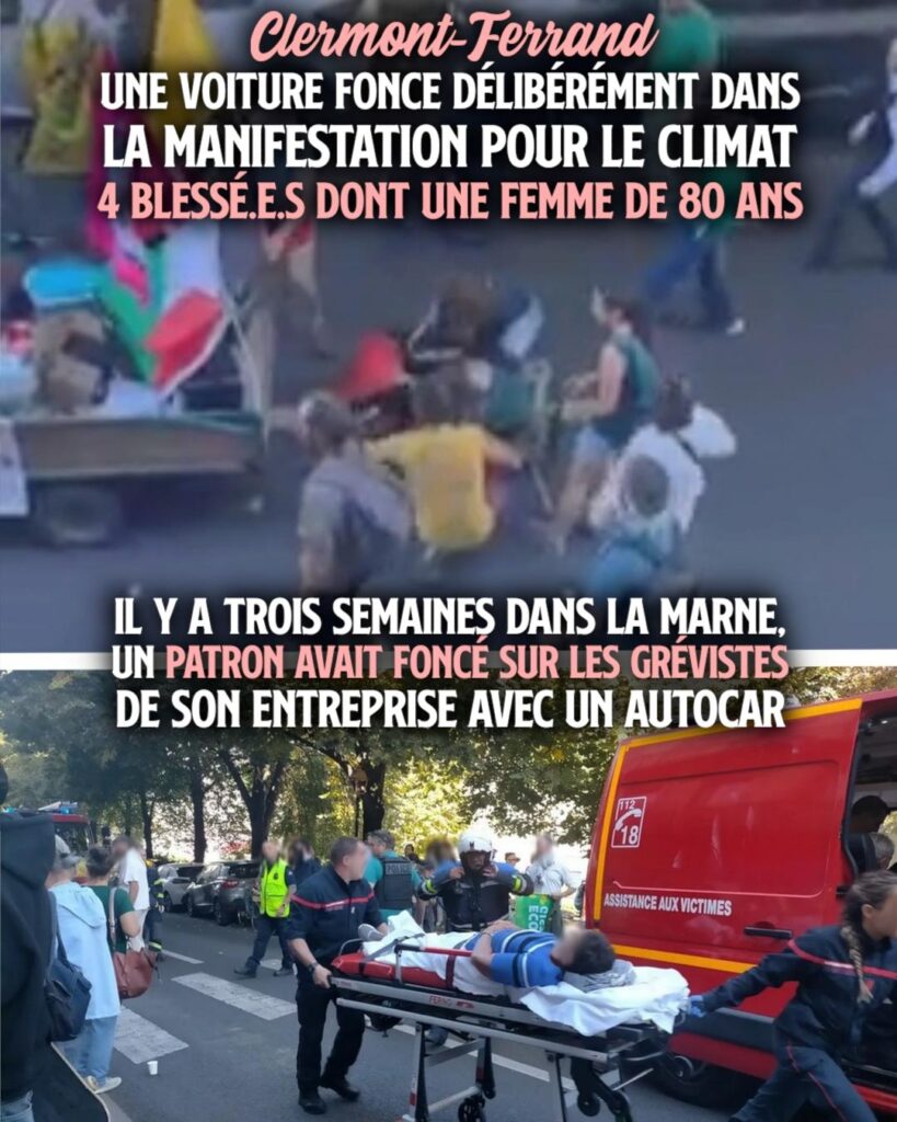 Une personne évacuée sur un brancard à Clermont-Ferrand, après qu'une voiture ait foncé dans une manifestation écologiste.