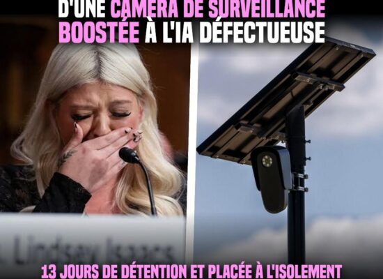 Lindsey Isaacs en larmes lors de son audition au Sénat des USA à gauche, et une caméra Flock surveillant le trafic routier avec une IA à droite.