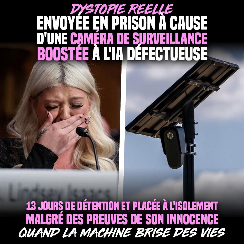 Lindsey Isaacs en larmes lors de son audition au Sénat des USA à gauche, et une caméra Flock surveillant le trafic routier avec une IA à droite.