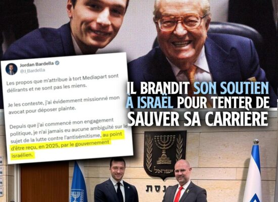 Jordan Bardella posant avec Jean-Marie Le Pen, fondateur du Front National, et reçu par le gouvernement fasciste israélien.