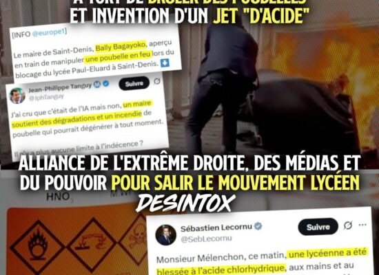 En haut Bally Bagayoko retire une poubelle en flamme devant un lycée, il passe pour un pyromane. En bas une bouteille d'acide chlorhydrique que Lecornu imagine avoir blessé une lycéenne.