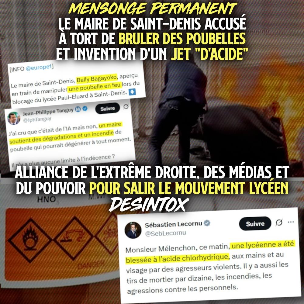 En haut Bally Bagayoko retire une poubelle en flamme devant un lycée, il passe pour un pyromane. En bas une bouteille d'acide chlorhydrique que Lecornu imagine avoir blessé une lycéenne.