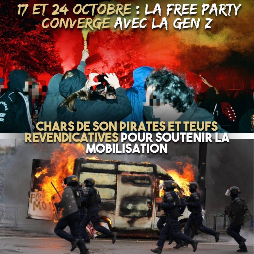 En haut une free party s'installe sur le campus de Rennes 2. En bas un camion de teuf brûle lors de la manifestation nantaise du 24 octobre.