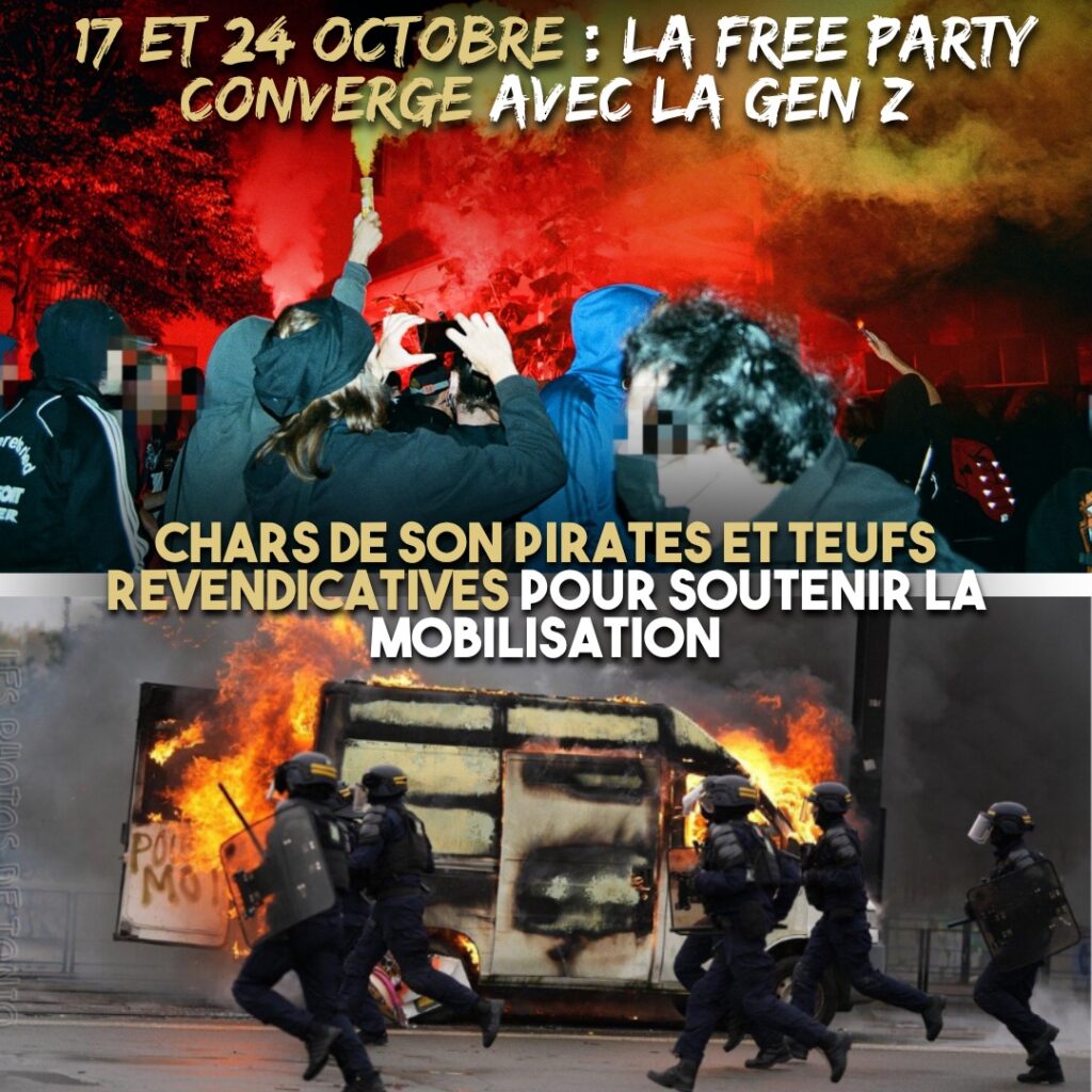 En haut une free party s'installe sur le campus de Rennes 2.
En bas un camion de teuf brûle lors de la manifestation nantaise du 24 octobre.