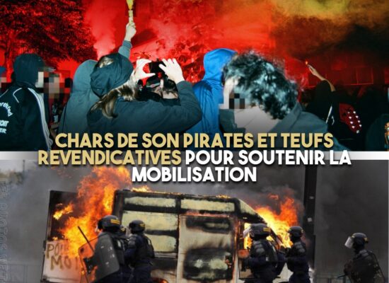 En haut une free party s'installe sur le campus de Rennes 2. En bas un camion de teuf brûle lors de la manifestation nantaise du 24 octobre.