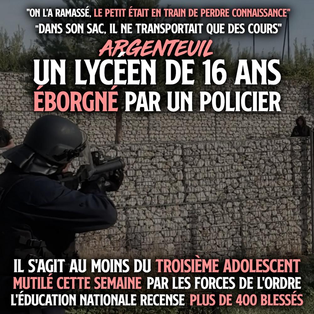 Un policier d'Argenteuil braque des adolescents avec son LBD : le même qui a mutilé un lycéen ce jeudi 1er octobre.