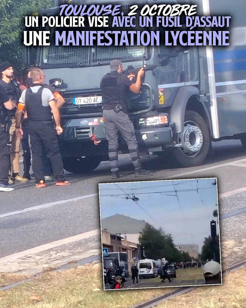 Des images prises à Toulouse ce vendredi 2 octobre montrent des policiers en civils, probablement une brigade anti-criminalité – BAC – dont un agent vise à l'arme lourde une mobilisation lycéenne.