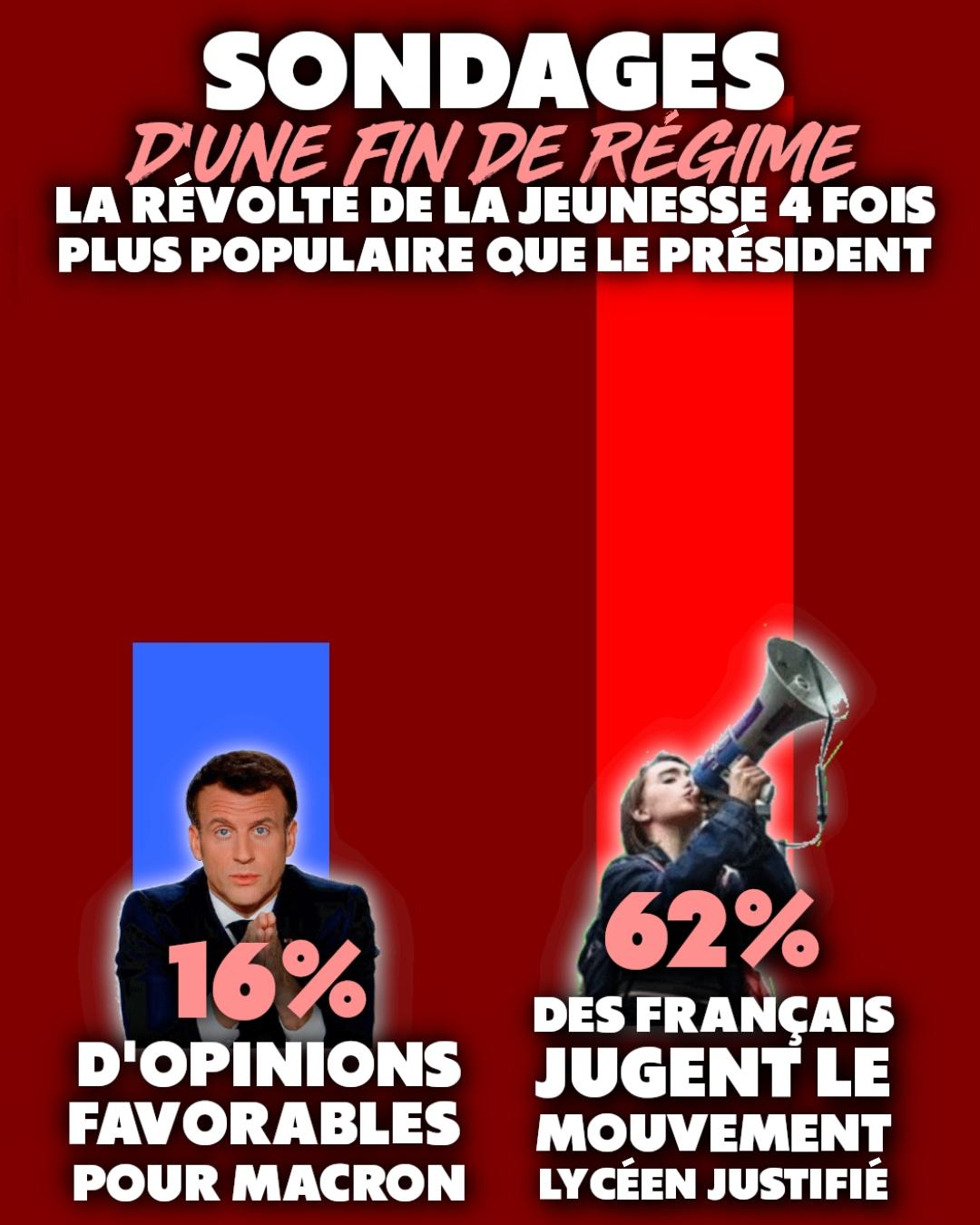 Deux sondages dont le résultat est criant : le mouvement lycéen en cours, qui fait face à une répression barbare et est sali dans tous les médias, est quatre fois plus populaire qu'Emmanuel Macron.