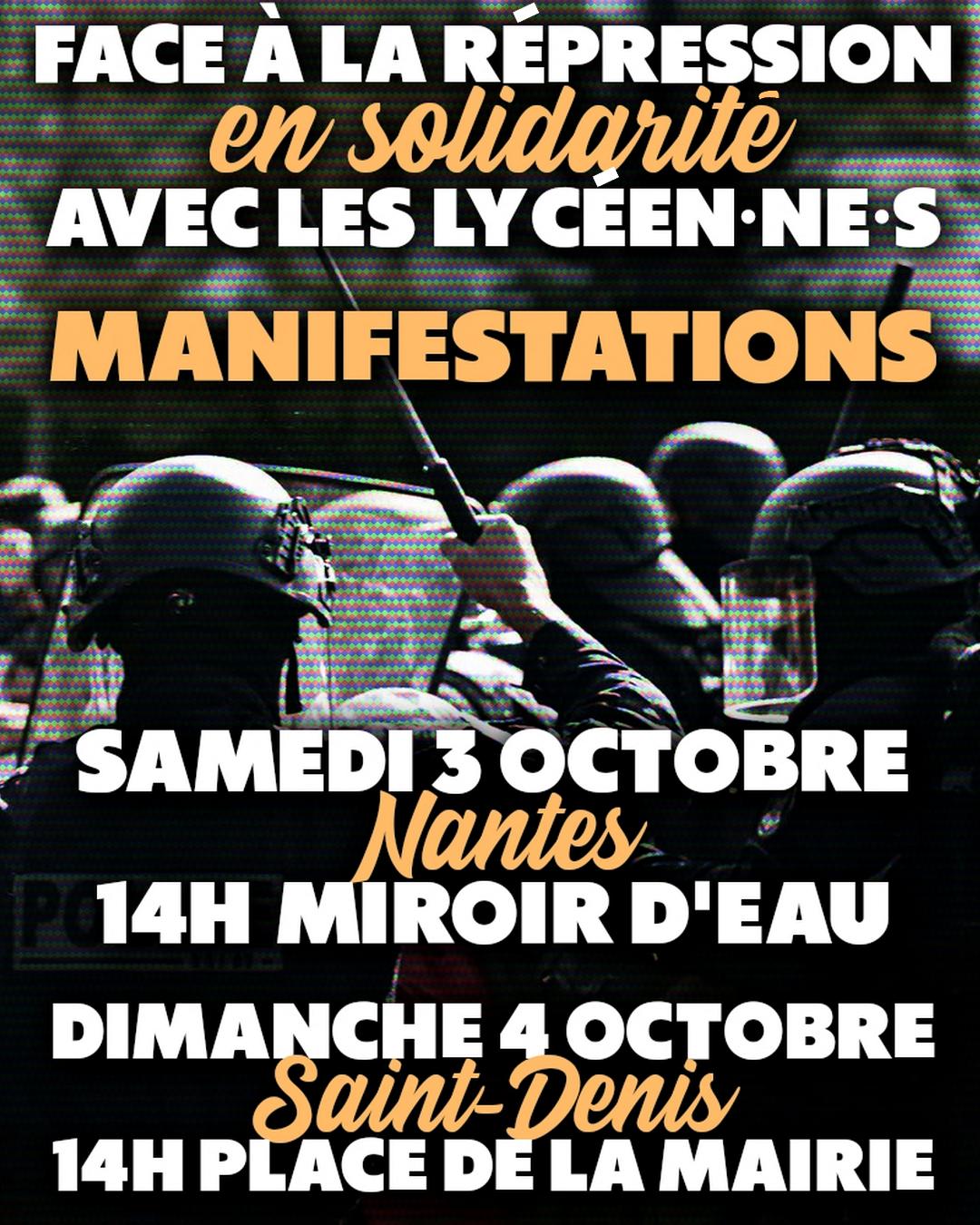 En solidarité avec les lycéen-nes face à la répression, deux rendez-vous samedi 3 octobre à Nantes et dimanche 4 octobre à Saint-Denis