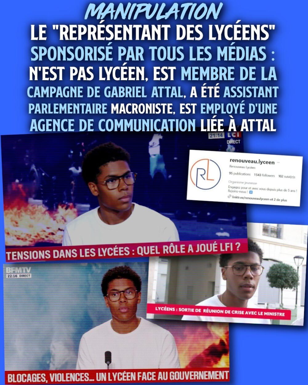 Nathanaël Combary, un communicant macroniste qui prétend représenter les lycéens en attaquant LFI et en masquant les violences policières.