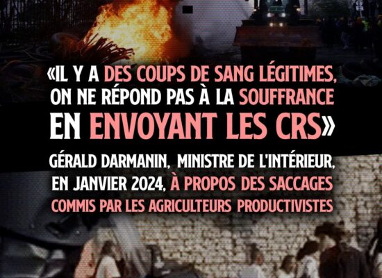 En haut des tracteurs de la FNSEA défoncent une préfecture, en bas un CRS pointe des enfants avec son LBD : la violence est une question très relative pour les puissants.