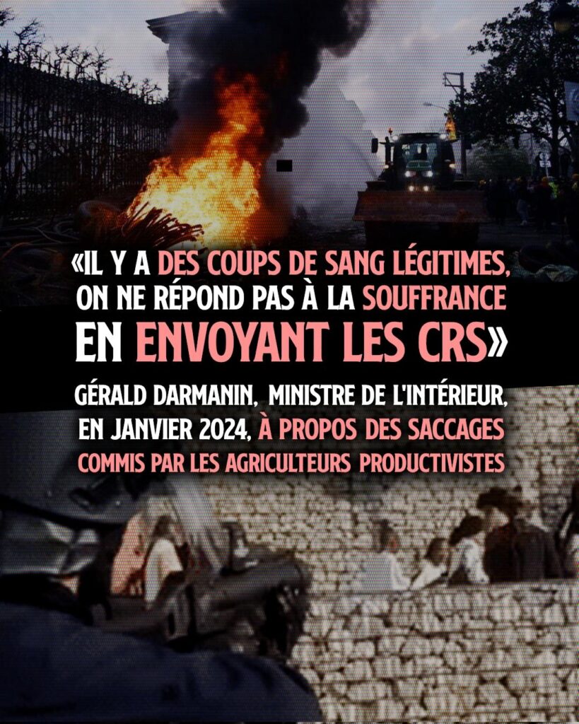 En haut des tracteurs de la FNSEA défoncent une préfecture, en bas un CRS pointe des enfants avec son LBD : la violence est une question très relative pour les puissants.