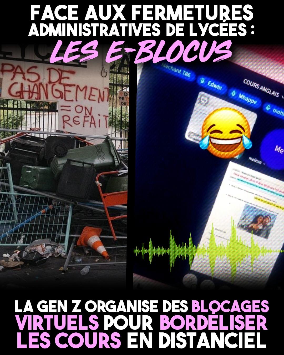 À gauche un blocus physique devant un lycée, à droite un e-blocus pour bordéliser les classes virtuelles.