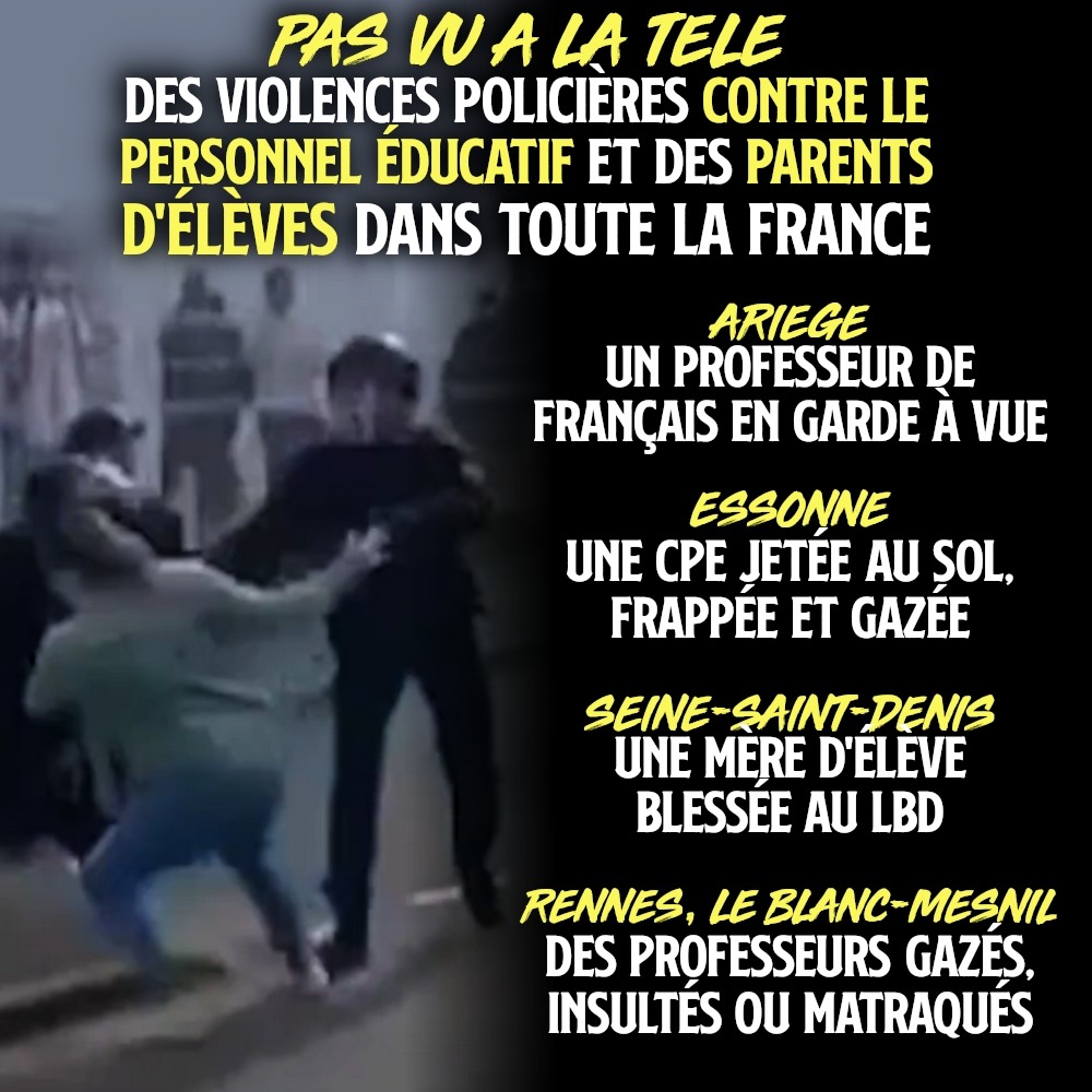 Un policier casqué projette une CPE au sol alors qu'elle voulait empêcher des violences envers les enfants qu'elle a sous sa responsabilité.