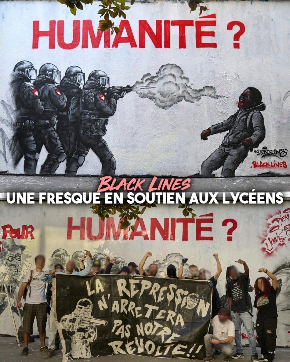 À Paris, le collectif Black Lines vient de réaliser une nouvelle fresque en noir et blanc. Sur le mur, plusieurs créations en soutien à la jeunesse qui résiste.