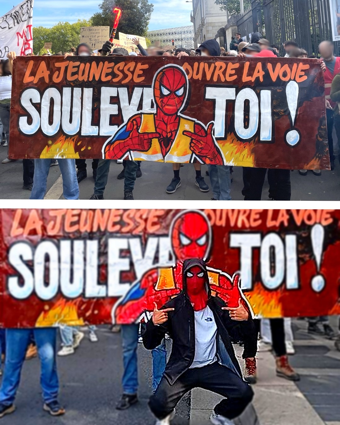 À Nantes ce mardi 6 octobre, un jeune portant un masque de spiderman pose devant une banderole.
