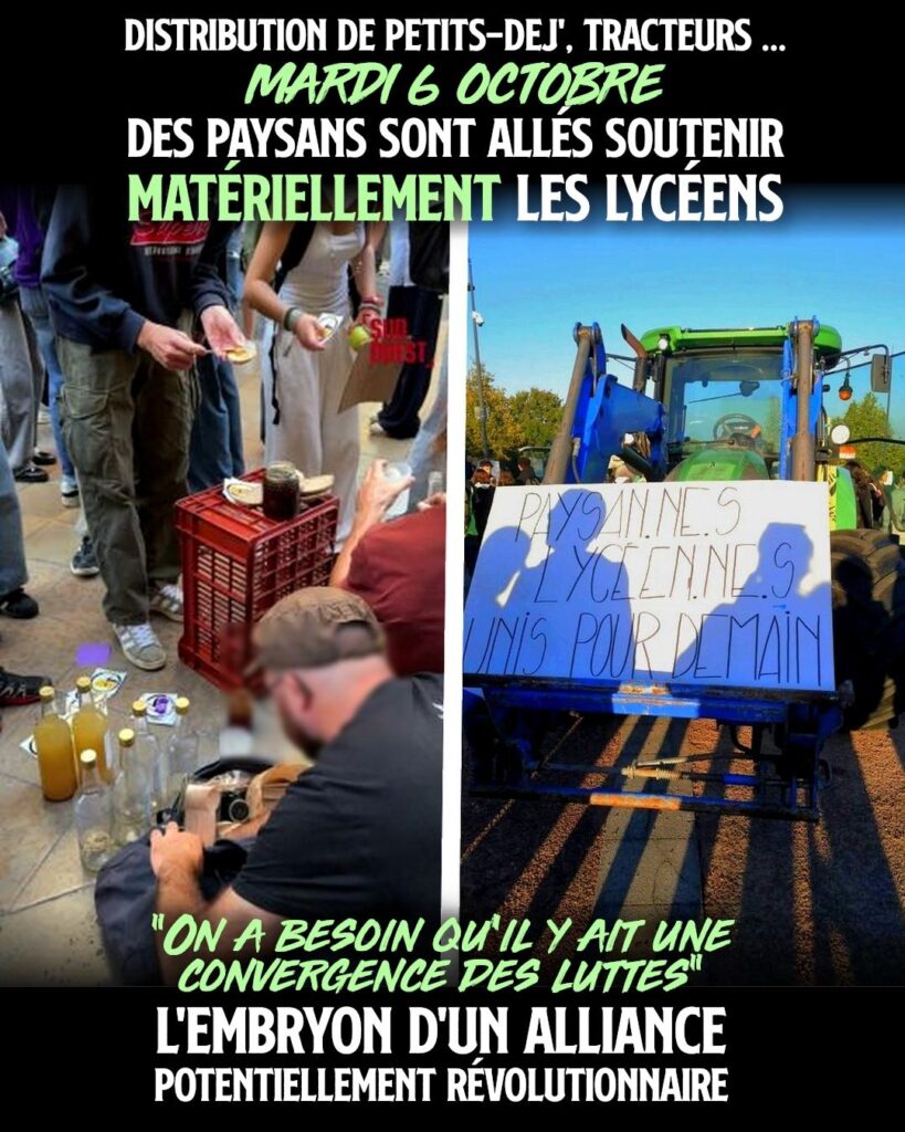 Des paysans de la Confédération Paysanne, venus en tracteurs, ravitaillent les blocus lycéens.