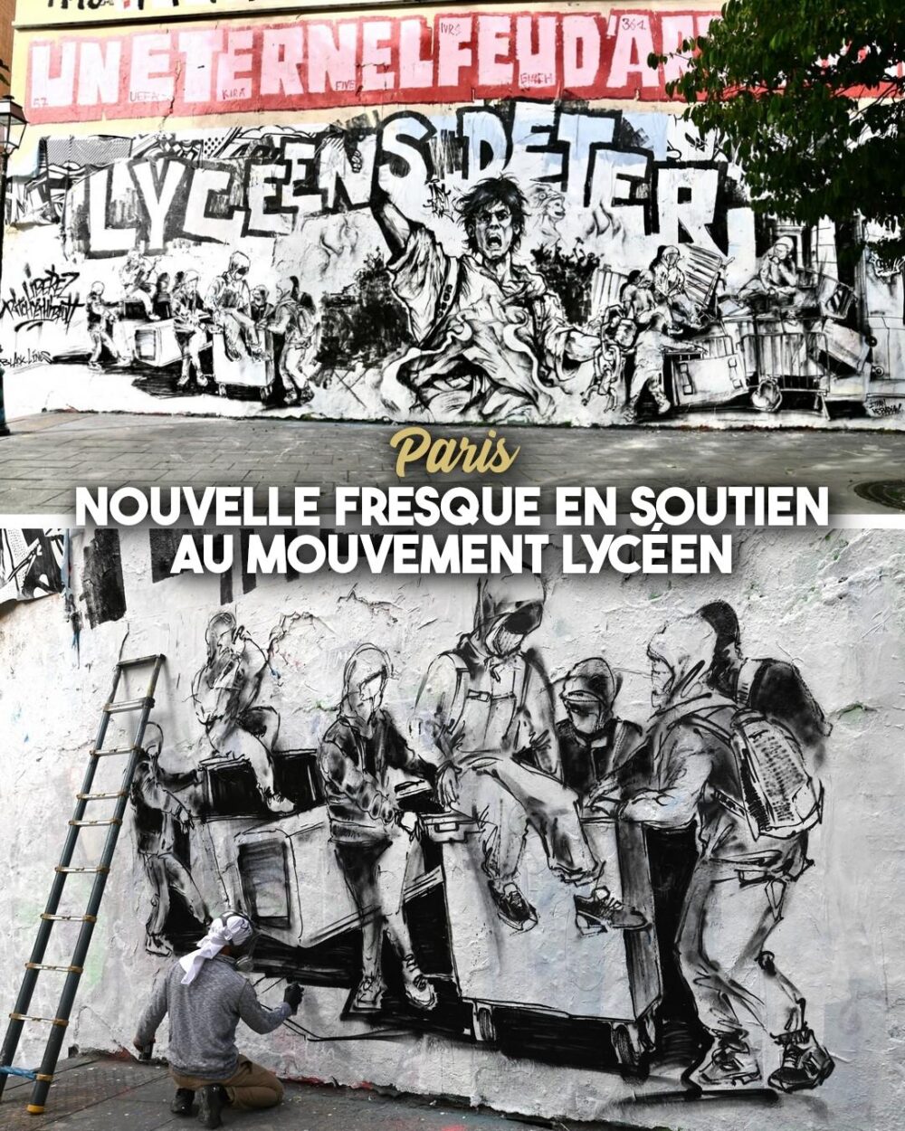 Le collectif Black Lines récidive ! Un grand mur près de République à Paris vient d'être peint en hommage à la révolte lycéenne.