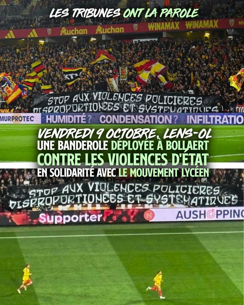 Une banderole "Stop aux violences policières disproportionnées et systématiques" dans la tribune des supporters de Lens ce vendredi 9 octobre.