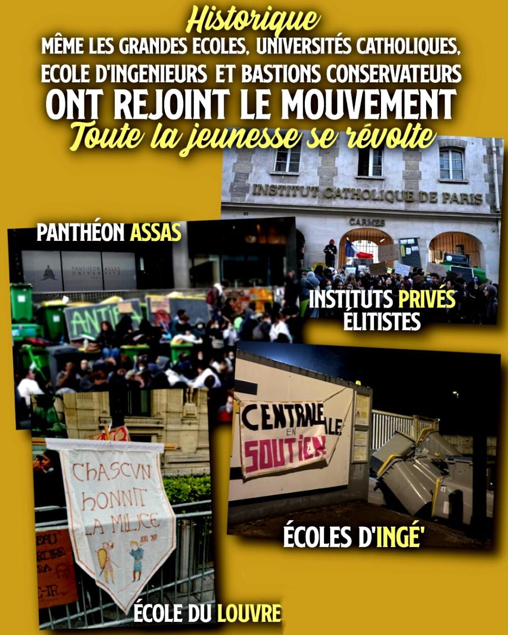 Assas, l'Institut catholique, l'école du Louvre ou Centrale Nantes : la révolte gagne les lieux de formation de l'élite du pays, c'est tout la jeunesse qui veut renverser la table.