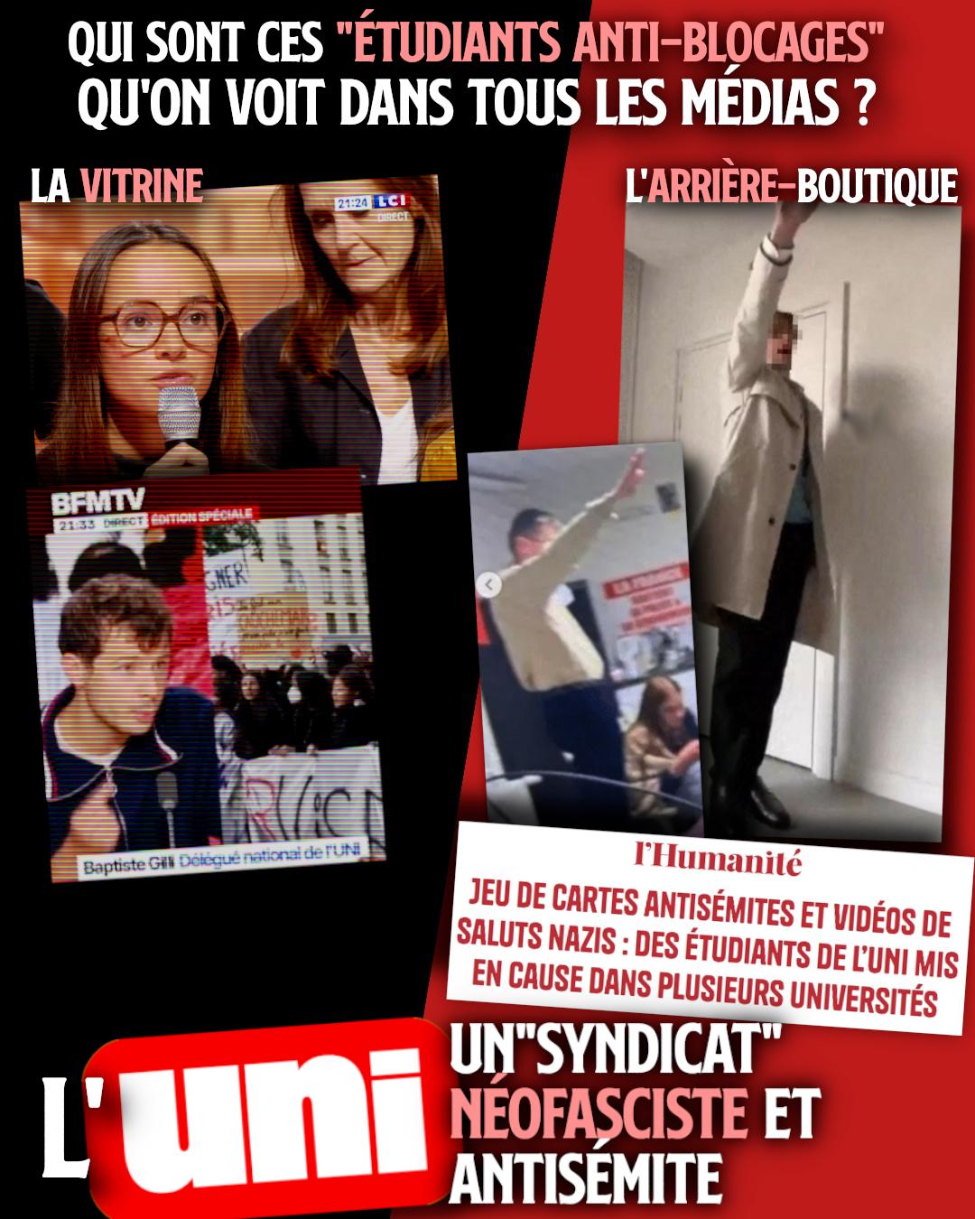 Des responsables de l'UNI invités sur les plateaux télés alors que le groupe fait des saluts nazis et diffuse des caricatures antisémites.
