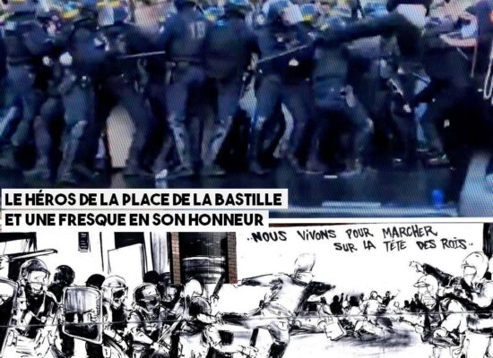 Le ninja héroïque de la place de la Bastille, dont les images ont fait le tour du monde, et une fresque réalisée par Black Lines en son honneur.