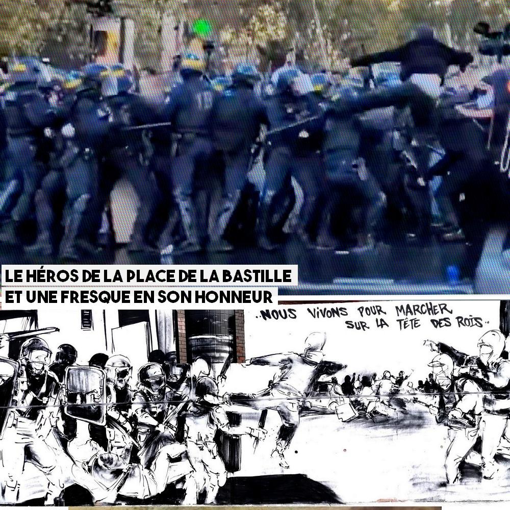 Le ninja héroïque de la place de la Bastille, dont les images ont fait le tour du monde, et une fresque réalisée par Black Lines en son honneur.