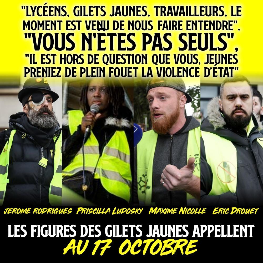 Jérôme Rodrigues, Priscilla Ludosky, Maxime Nicolle et Éric Drouet : quatre figures des Gilets Jaunes qui appellent à se joindre à la GenZ ce 17 octobre.