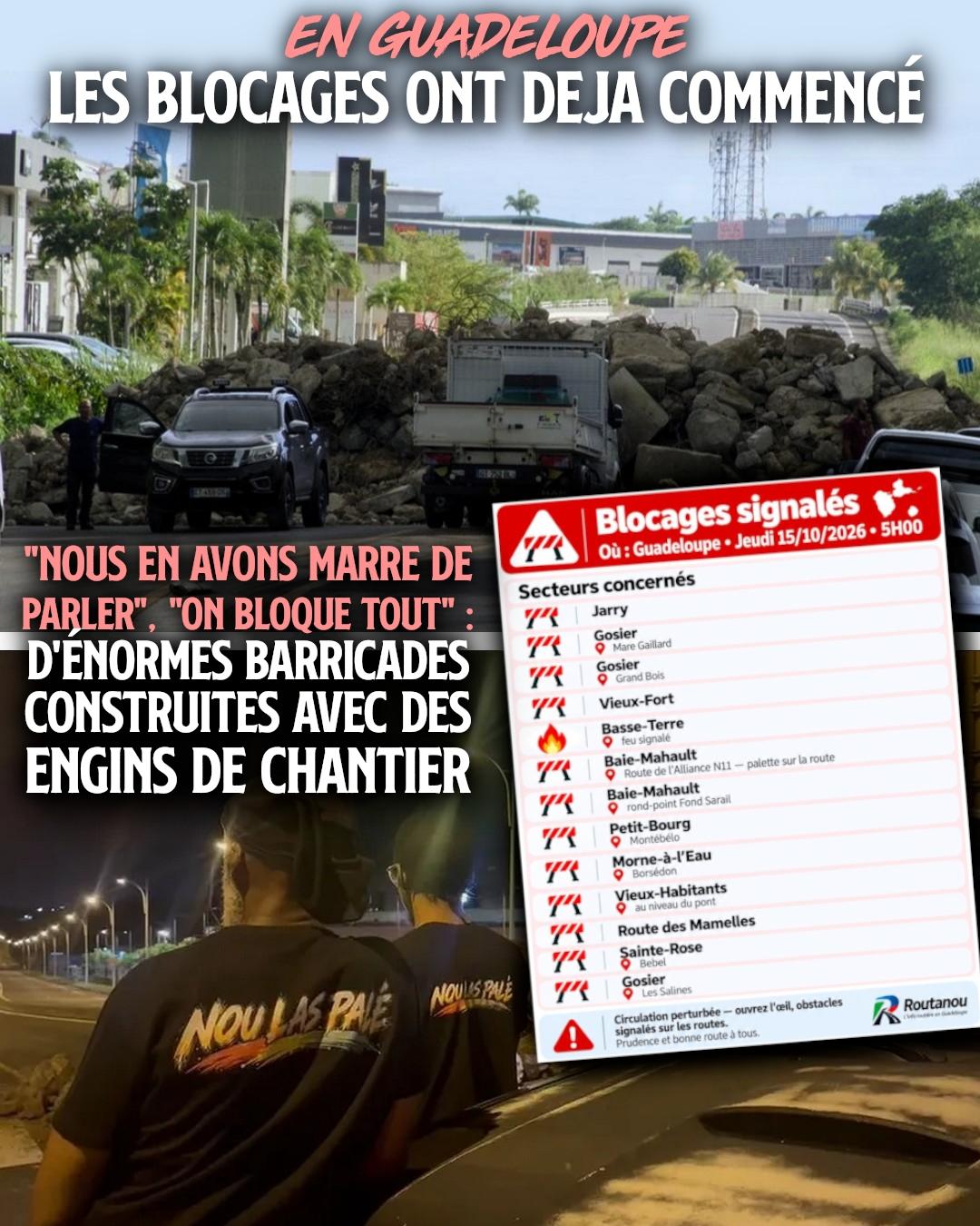 En Guadeloupe, des barricades gigantesques bloquent les principaux axes routiers.