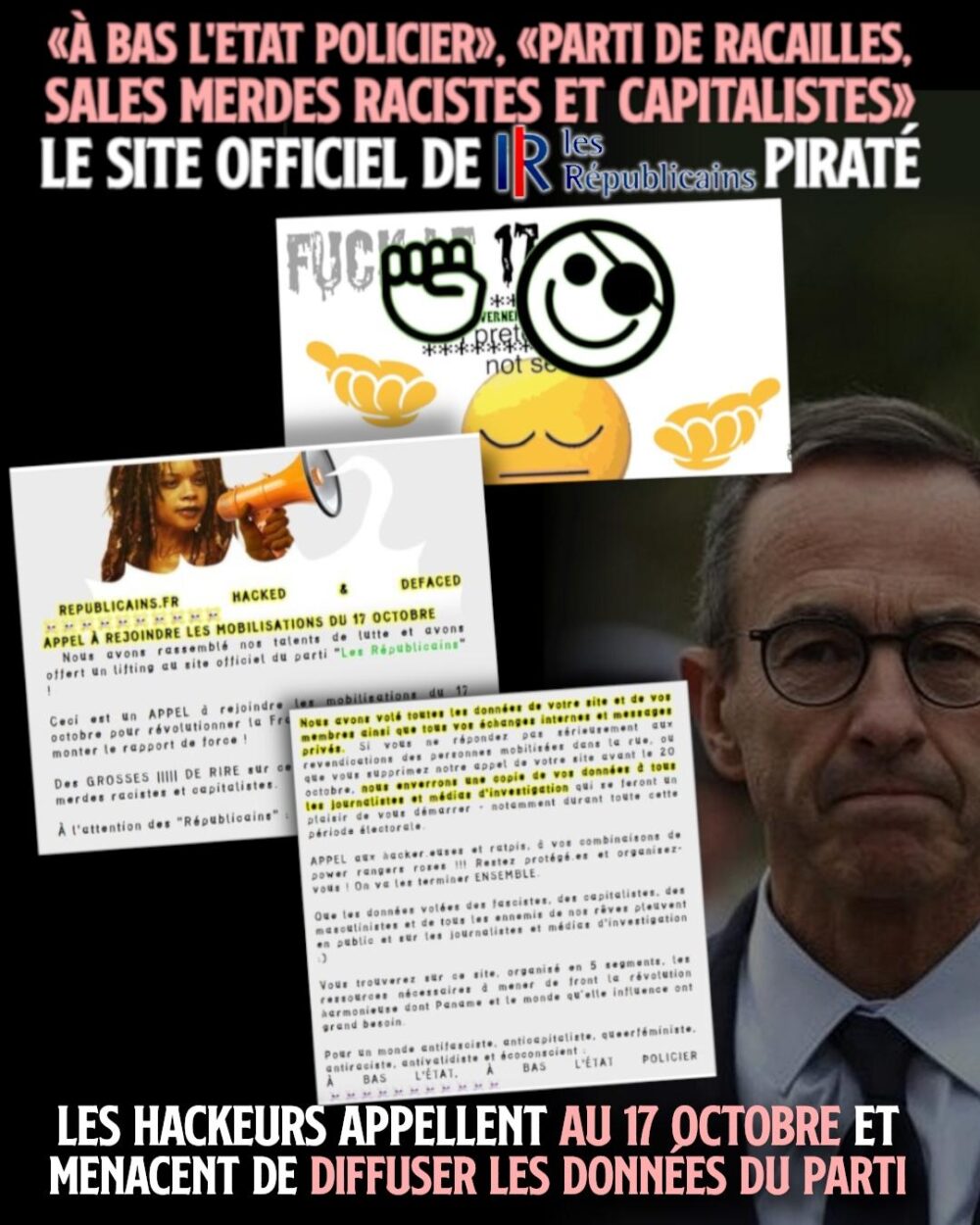 Bruno Retailleau, chef du parti Les Républicains, face à la page d'accueil piratée du parti