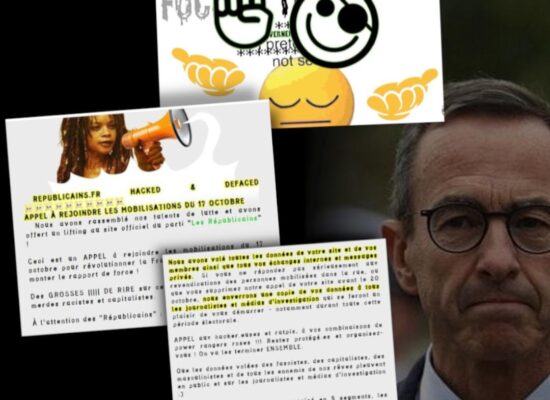 Bruno Retailleau, chef du parti Les Républicains, face à la page d'accueil piratée du parti