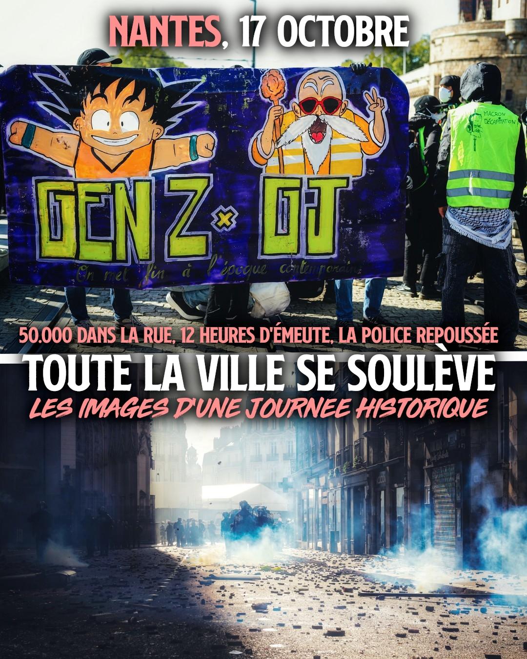 À Nantes ce 17 octobre, une banderole prône l'union de la jeunesse et des gilets jaunes, le résultats est une rue dépavée et des flics en difficulté.