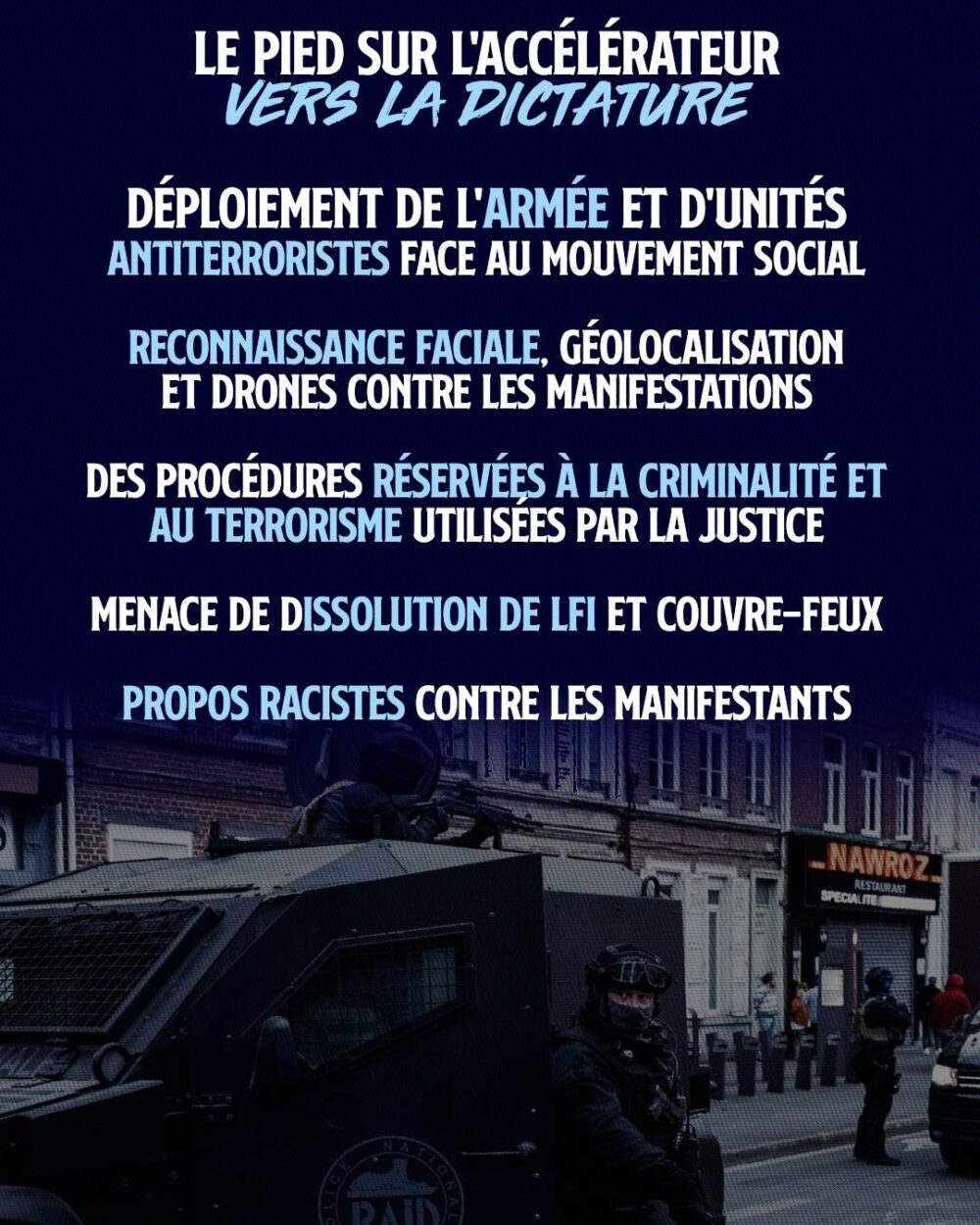 Sur fond de blindé dans les rues, la liste des mesures d'exception qui plongent la France dans une dictature assumée.