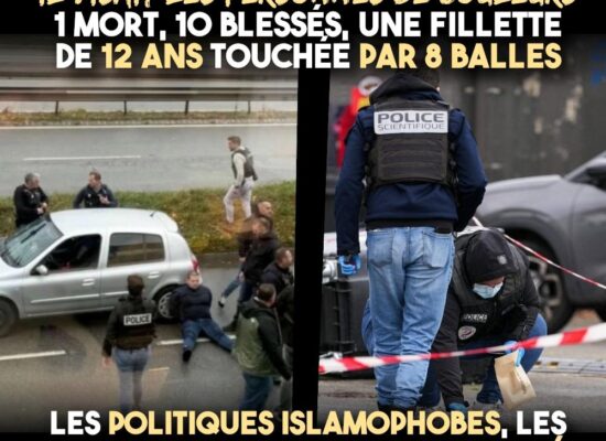 Le tueur raciste de Trappes menotté, adossé à sa voiture mais bien en vie après avoir commis son attentat mortel.