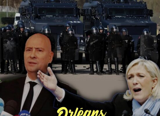 Montage photo présentant Marine Le Pen et Hugues Moutouh devant des blindés Centaure de la gendarmerie, qui seront mobilisés ce week-end à Orléans pour protéger les fascistes.