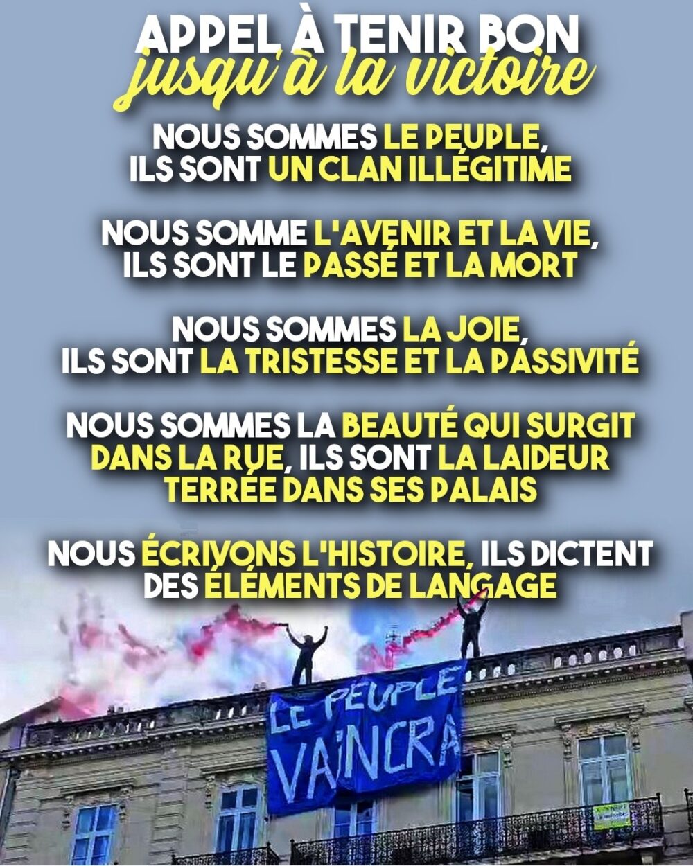 Une banderole suspendue aux toits de Paris ce 17 octobre : "Le peuple vaincra"