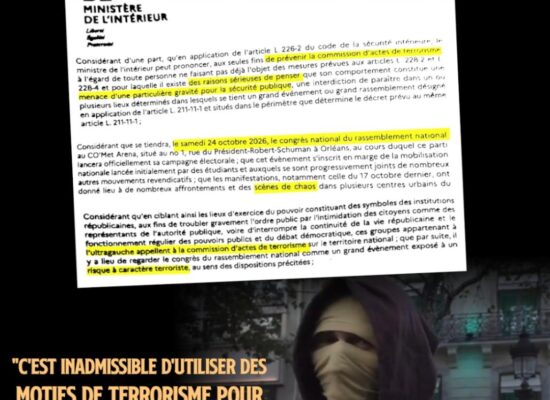 Le courrier du ministère de l'Intérieur qu'a reçu Loïc mentionne plusieurs fois l'idée d'un terrorisme, alors qu'il s'agit d'empêcher des militants de manifester de façon arbitraire.