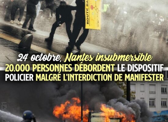 À Nantes des manifestants résistent au canon à eau et un camion brûle pour un 24 octobre insurrectionnel